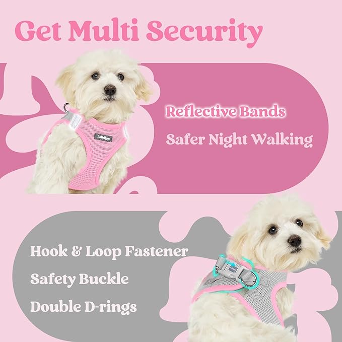 rabbitgoo Small Dog Harness, Step-in Soft Mesh Puppy Vest with Safety Buckle, Breathable Reflective Pet Harness for Small Medium Dogs, Pink & Gray L