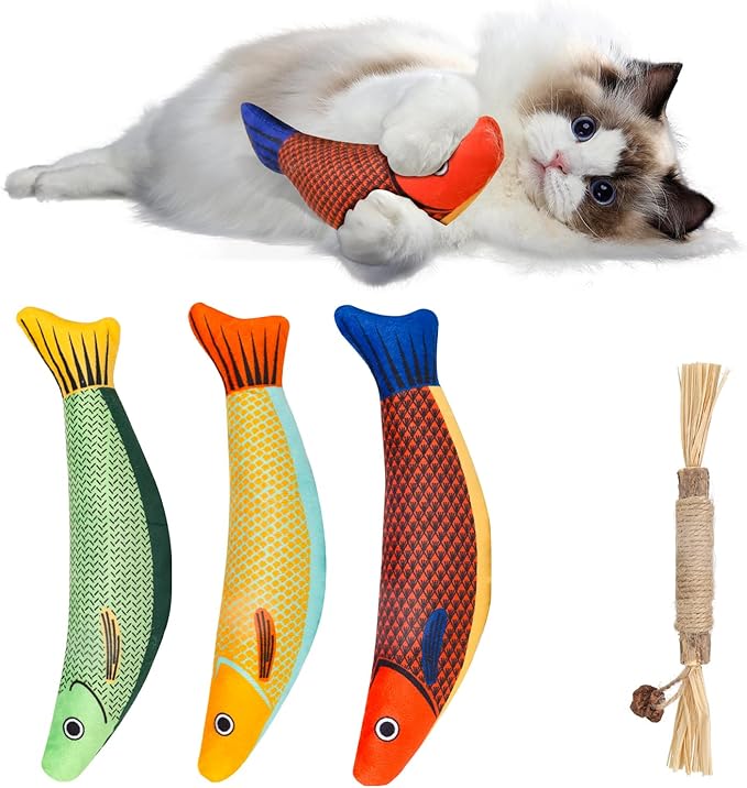 Cat Toys 4 Pack, Fish Shaped Catnip Toys with Crinkle Sound, Durable Interactive Chew & Kicker Toys for Indoor Cats, 8.1 Inch for All Breeds