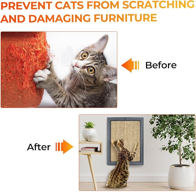 Cat Scratching Post, Natural Wooden Sisal Cat Wall Scratcher, Floor or Wall Mounted Vertical Cat Scratch Pad for Indoor Cats Adults or Kittens, Cat Wall Furniture Protector (Single Grey)