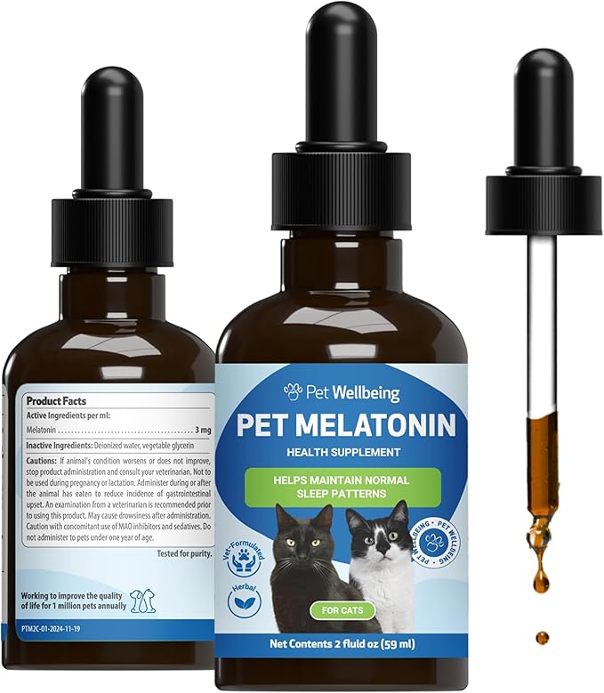 Pet Wellbeing Pet Melatonin for Cats - Supports Adrenal & Thyroid Health, Cortisol Balance, Helps Maintain Normal Sleep Patterns - Veterinarian-Formulated Liquid Supplement 2 fl oz (59 ml)