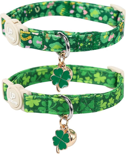 Cat Collar,2Pack St.Patrick's Day Kitten Collars Cute Shamrock Breakaway Kitty Collars,Spring Green Trefoil Cat Collar with Bell, Lucky Clover Kitten Collars for Girl & Boy Cats