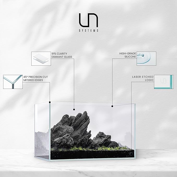Ultum Nature Systems Ultra Clear Rimless Aquarium - Low Iron Glass Fish Tank with 45° Mitered Edges, 5mm-12mm Thick, Leveling Mat Included (5S, Shallow, 2 Gallon)