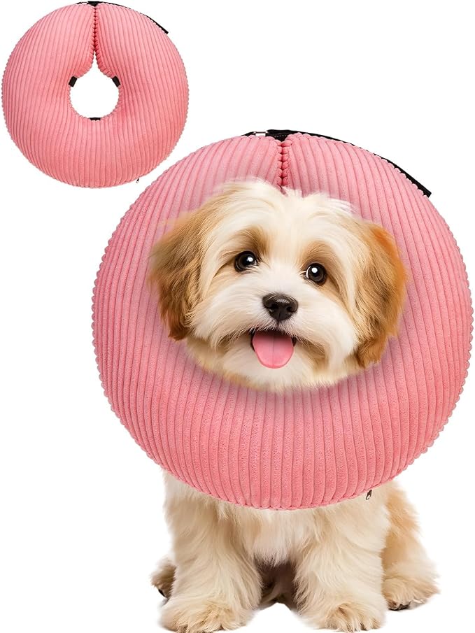 BINGPET Inflatable Dog Cone Collar Alternative After Surgery,Soft Recovery Cone for Dogs to Stop Licking,Protective Neck Donut E Collar Adjustable for Small Medium Large Dogs & Cats(Pink,M)