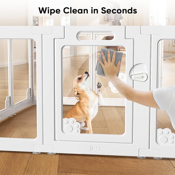 24” Acrylic Clear Dog Play Pen Indoors 8 Panels, Puppy Playpen with Door for Small Dogs Puppies, Transparent Plastic Pet Playpen Cage Fence Crate Kennel for Cat Kitten Rabbit Bunny Ferret etc