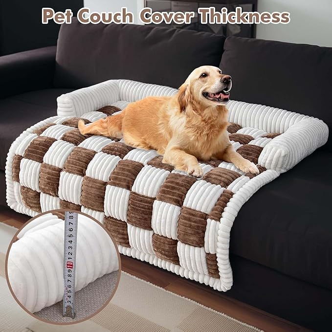 Dog Couch Cover Protector, Pet Couch Covers for Sofa, Dog Couch Cover Fuzzy Sofa Cover Cream Square Plaid Dog Bed Plush Dog Mat for Furniture Protector for Large Medium Dogs and Cats