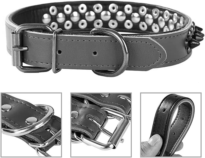 Spiked Studded Dog Collar, Genuine Leather Dog Collar, Adjustable Pet Collars for Medium Large Bulldog Pitbull Mastiff Poodle Boxer (M:29-38cm, Black-1)