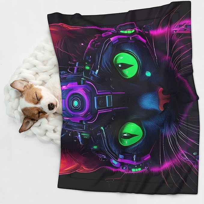 Waterproof Dog Blanket Soft Pet Blanket for Puppy, Fleece Cat Throw Blankets for Furniture Bed Couch Sofa Reversible - Futuristic Cat Warrior