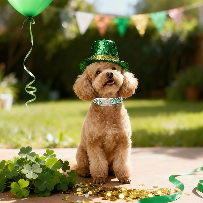 St Patricks Day Dog Collar for Puppy Small Dogs - Leopard Lucky Clover Dog Collars, Lightweight Adjustable Irish Green Festival Shamrock Dogs Collars with Quick Release Buckle XS