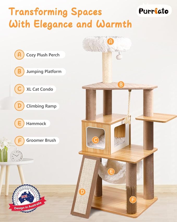 61" Wooden Cat Tree Tower for Indoor Cats, Luxury Modern Wooden Tower with XL Plush Lounge, Hammock & Scratching Posts for Maine Coon 20 lbs