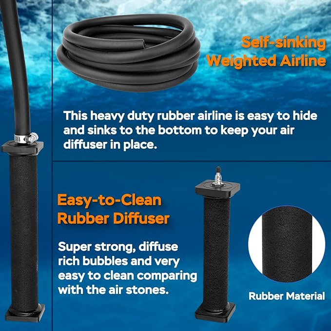 AquaMiracle All-in-1 Koi Pond Aeration Kit Pond Air Pump with Self-Sinking Airline Rubber Air Diffuser, Air Flow Control Pond Aerator for Outdoor Pond 10,000-15,000 Gallons