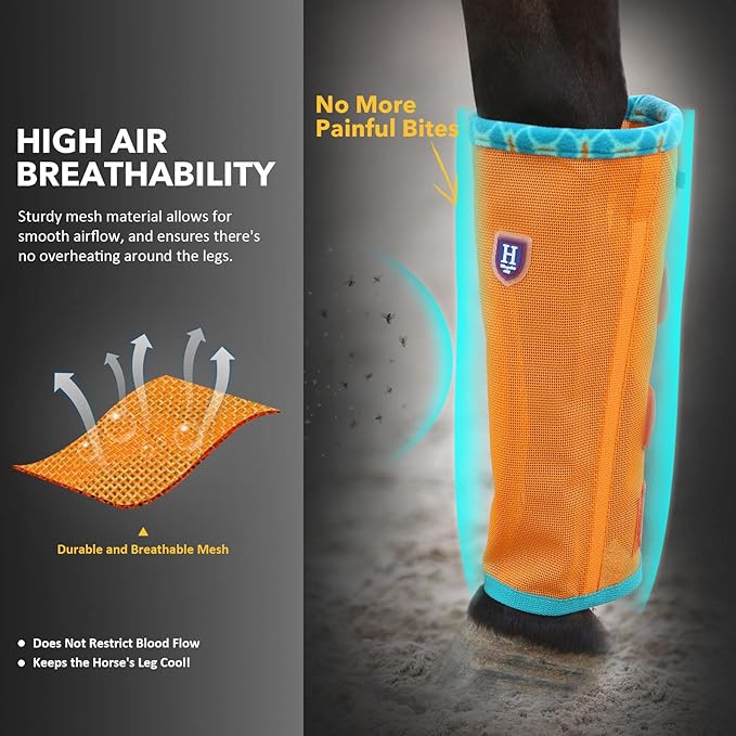 Fine Mesh Fly Boots Loose Fitting & Non-Slip Horse Fly Leggings Fleece Air Flow (Set of 4)