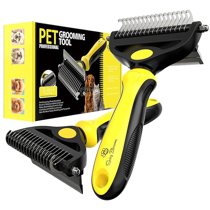 Spring Blossoms-2 in 1 Professional Grooming Rake for Cats & Dogs-Dematting Comb for Easy Mats & Tangles Removing,Pet Brush Safe No More Nasty Shedding and Flying Hair (Lemon Yellow)