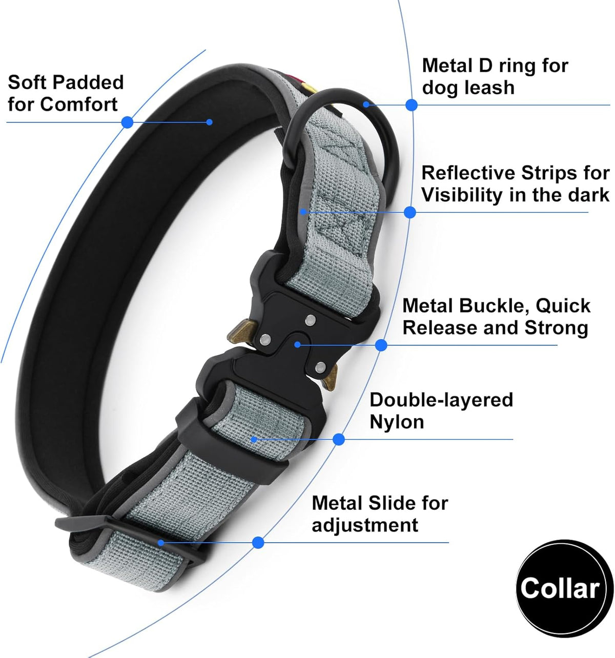 Plutus Pet Tactical Dog Collar, Reflective, Adjustable Heavy Duty Dog Collar, Soft Padded and Comfortable, for Small Medium and Large Dogs (Gray, L)