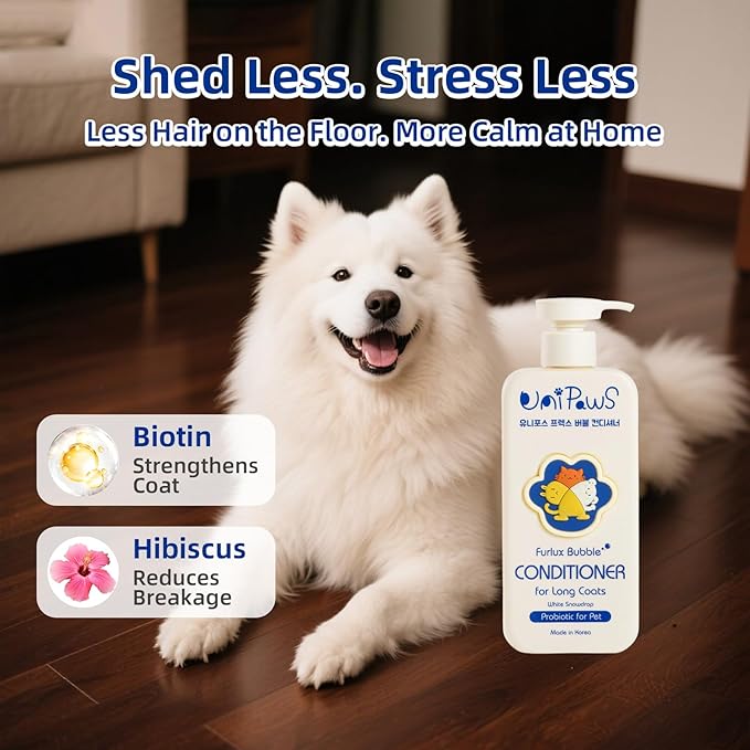 Unipaws Biotin Long-Haired Dog Conditioner – Volumizing, Anti-Shedding, Detangling & Softening for Glossy, Show-Ready Coats with Hibiscus – EWG Green & Medicated, Made in Korea, 16.9 Fl Oz / 500ml