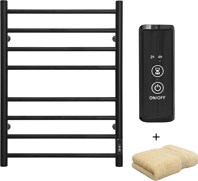 KEG Towel Warmer Wall Mounted with Built-in Timer 8 Bars Electric Stainless Steel Heated Towel Racks for Bathroom, Hot Plug-in Bath Towel Heater Matte Black (TW-8-MB)