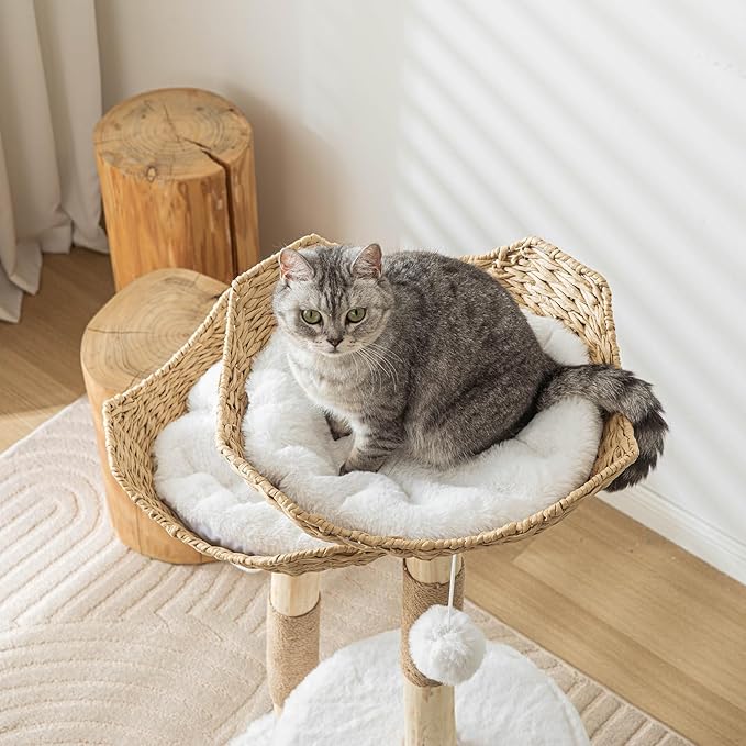 Cat Tree Tower, 46 inch Modern Cat Tree for Indoor Cats Large Adult, Luxury Cat Condo with Scratching Post, Real Solid Wood Branch Indoor Boho Furniture, Climbing Tower, White