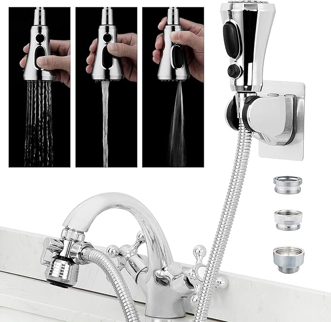 CECEFIN Kitchen Faucet Hose Attachment, Sink Sprayer Replacement Head with 4.9 Ft Stainless Steel Hose, Water Saving Aerator with 3-Way Diverter Valve for Hair Washing Laundry Room and Pet Shower