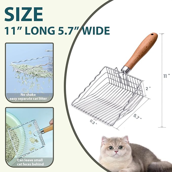 Cat Litter Scoop, Kitty Metal Scooper with Hook and Hole, Stainless Steel Kitten Poop Lifter for Litter Box, Non Stick, Durable and Heavy Duty Sifter for Easy Clean