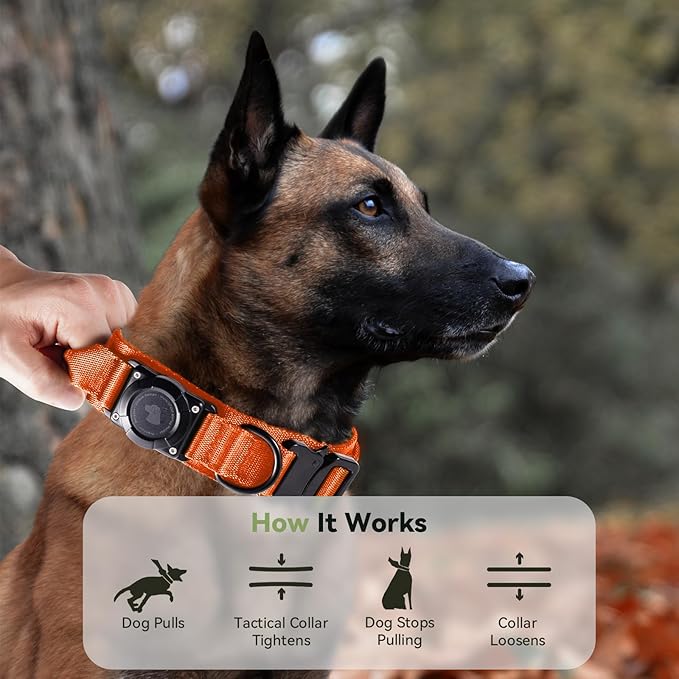 2026 Upgrade Waterproof AirTag Dog Collar, Military Tactical Dog Collar with AirTag Holder, Comfortable Control Handle and Metal Buckle, GPS Dog Collar Holder for Medium to Large Dogs (Orange,L)