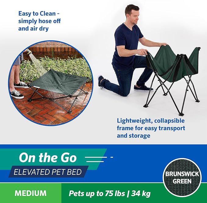 Coolaroo On-The-Go Elevated Dog Bed - Foldable Pop-Up Travel Dog Bed with Breathable, Moisture-Resistant Fabric, Carry Bag Included, Lightweight & Portable, Brunswick Green, Medium