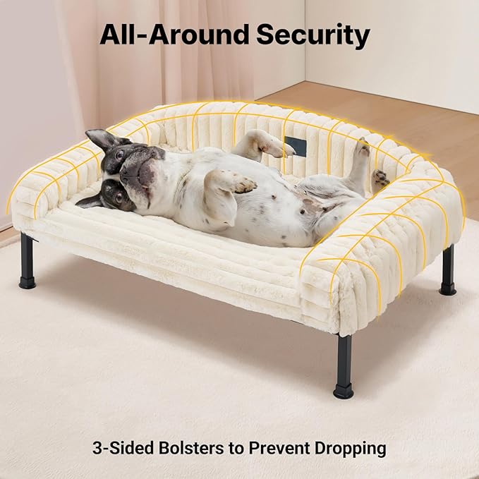 Veehoo Elevated Dog Bed with Bolster Cushion, Fluffy Plush Dog Couch Beds for Small Dogs, Cats, Washable Raised Pet Cot with Non-Slip Feet for Indoor or Patios Use, 30 x 20 Inches, White