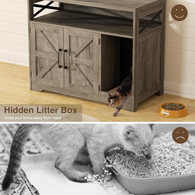Cat Litter Box Enclosure, Hidden Litter Box Furniture with Scratch Pad, Farmhouse Indoor Cat House Washroom End Table, Grey