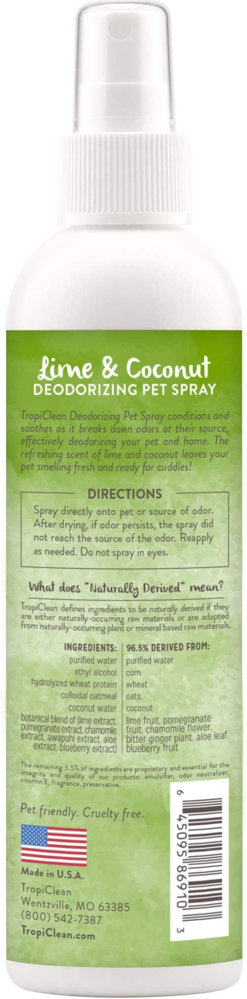 TropiClean Dog Perfume, Long Lasting Lime & Coconut Cologne, Deodorizing Spray for Smelly Dogs, After Bath Detangling Spray with Vitamin E, Safe for Cats, 8oz.