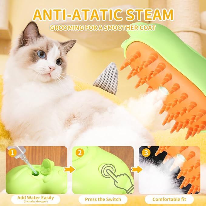 Rechargeable 3in1 Self-Cleaning Steam Grooming Brush for Cat and Dog Shedding - 2 Gears for Long/Short Hair - Green