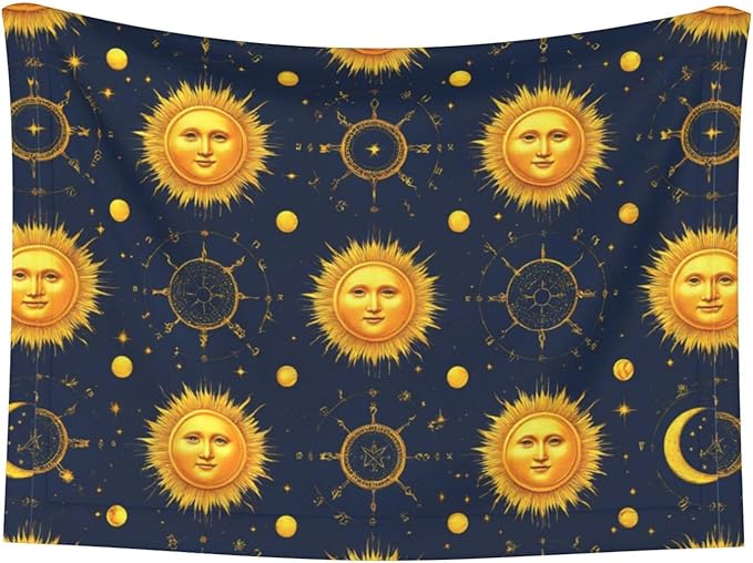 Dog and Cat Blanket in One, Meet 998 Boho Chic Art Golden Sun Moon And Stars Over Blue Black Sky, Double Sided Plush Throw with Raised Dot Pattern on One Side and Flat Velvet on Other for Variety