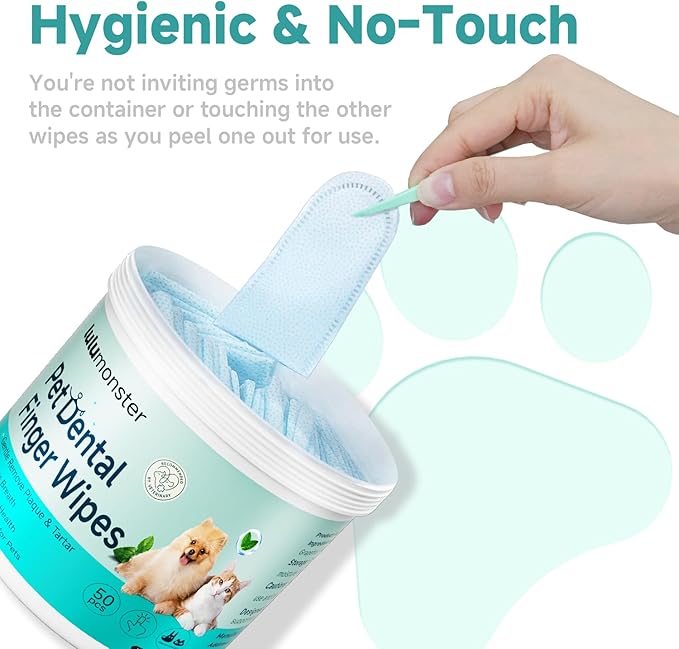 Pet Dental Finger Wipes for Dogs & Cats, Dog Teeth Cleaning Wipes Tooth Brushing Kit by Remove Plaque and Tartar & Freshens Breath Buildup No-Rinse Dog Finger Toothbrush Mint Flavor