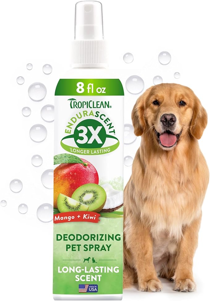 TropiClean Dog Perfume, Long Lasting Mango Kiwi Cologne, Deodorizing Spray for Smelly Dogs, After Bath Detangling Spray, Safe for Cats, 8oz.