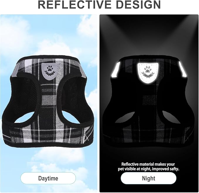 EXPAWLORER Classic Plaid Puppy Harness - Dog Collar and Leash - Soft Mesh Padded Adjustable Step in Small Dog Vest Harness No Pull, Reflective Escape Proof for Outdoor Walking, Black L