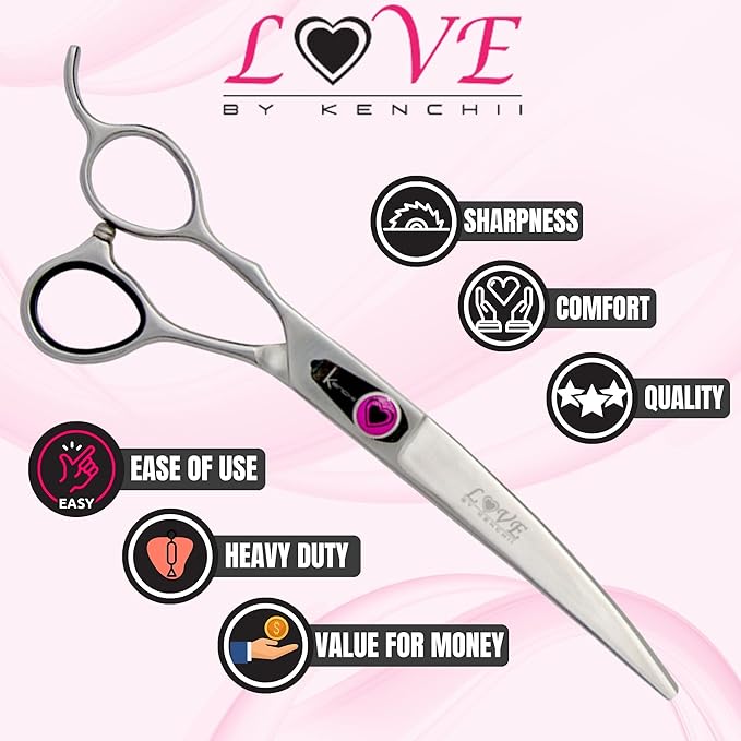 Kenchii Love Left Handed Dog Grooming Scissors, 7 Inch Curved Shears, Dog Scissors for Grooming, Professional Pet Grooming Scissors, Ergonomic & Comfortable