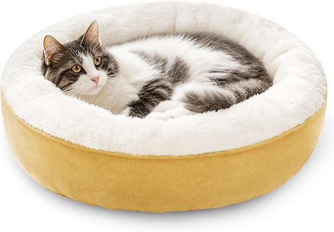 Love's cabin Yellow Round Donut Cat Bed, 20x20in, Soft Durable Fabric, Anti-Slip Water-Resistant, Washable Pet Bed