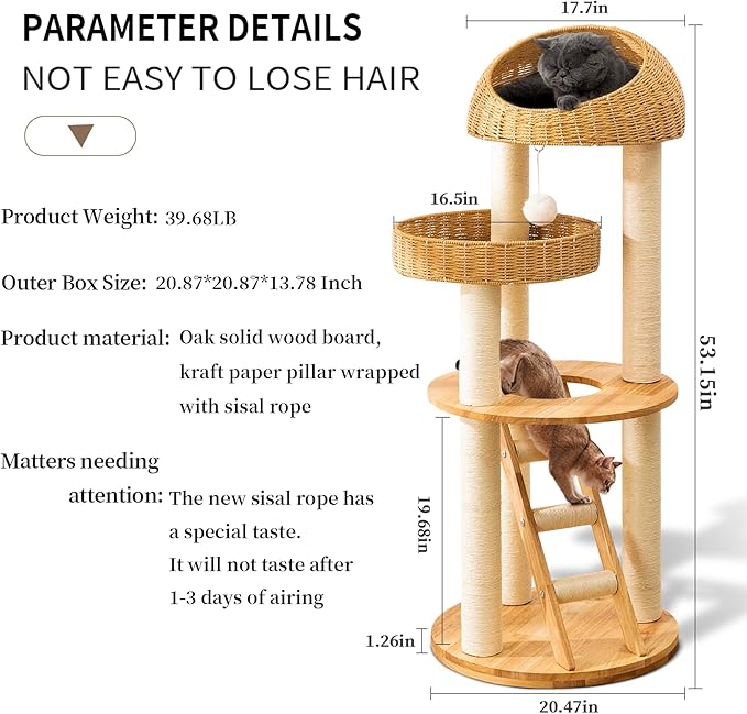Big Modern Design Cat Tree Tower, Cat Tower Sisal-Covered Scratching Posts for Indoor Cats, Natural Oak Wood Cat Tree for Large Cats, Multi-Level Cat Condo with Sisal Staircase