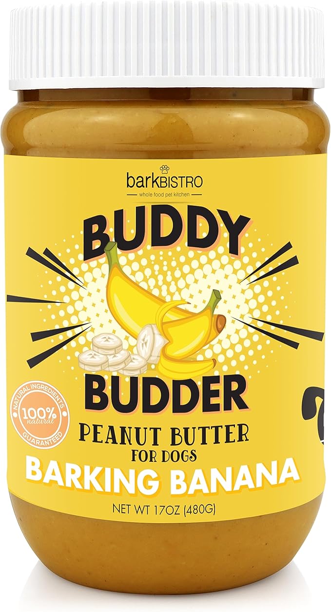 BUDDY BUDDER Barkin' Banana, 100% Natural Dog Peanut Butter, Dog Treat, Made in USA (17oz Jars)