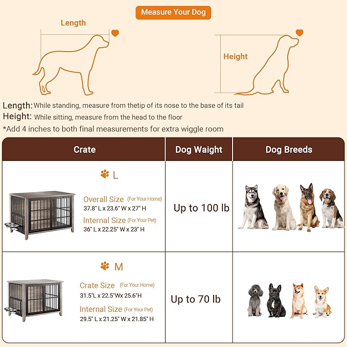 Lulive Large Dog Kennel Indoor with 360°& Adjustable Raised Dog Bowls, Wooden Dog Crate Furniture Double Doors Furniture Dog Crates End Table for Large/Medium Dogs 37.8" L*23.6" W*27" H, Grey