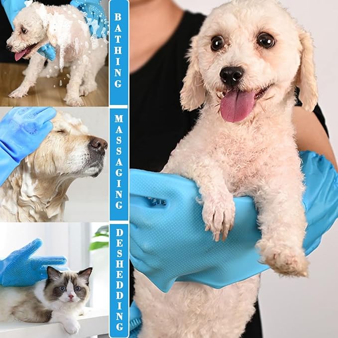 Dog Washing Gloves, Pet Grooming Gloves with Soft Brushes, Bathing and Massaging for Dogs and Cats, Silicone Heat Resistant Cleaning Gloves with High-Density Teeth (Blue)