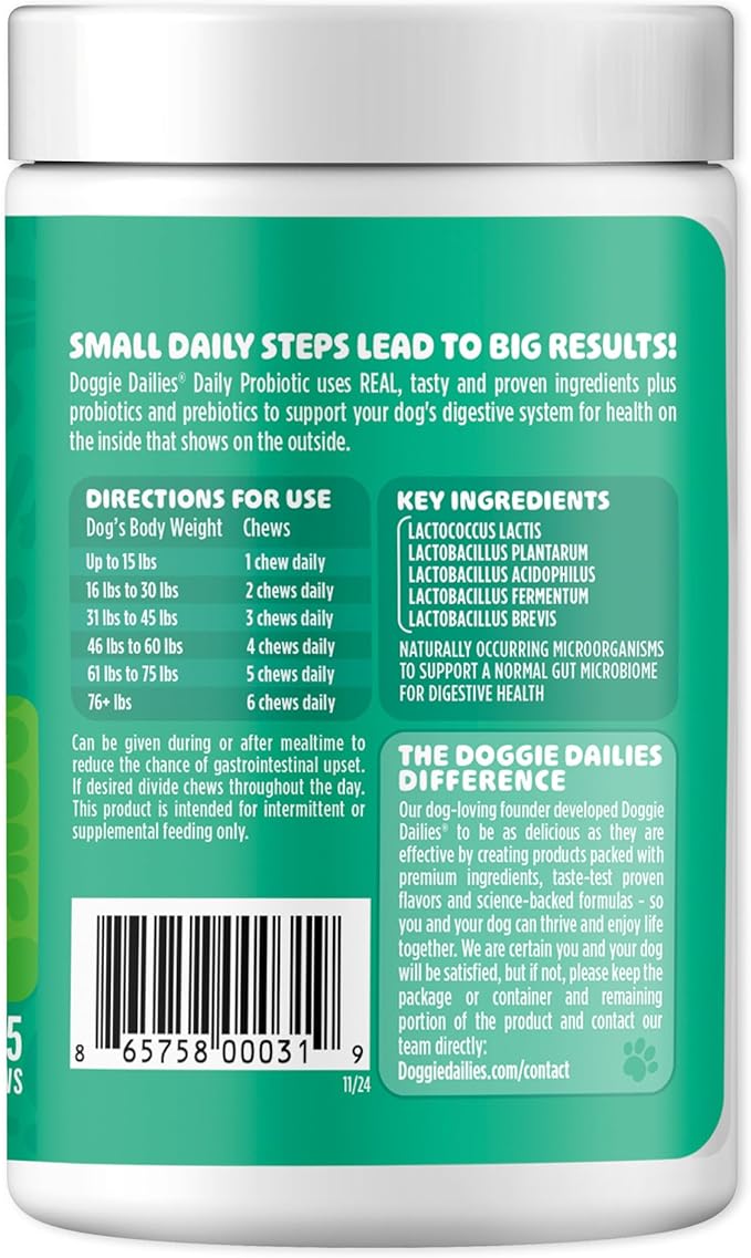 Doggie Dailies Probiotics for Dogs, Advanced Probiotics with Prebiotics, Promotes Digestive Health, Supports Immune System & Overall Health, Duck Flavor, 225 Chews