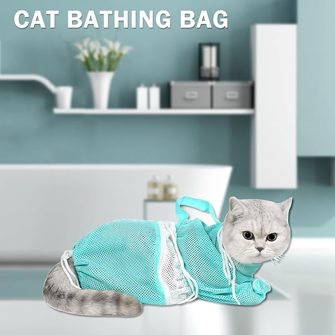 JULMELON Cat Washing Bag 10 PCS Set, Adjustable Cat Shower Net Bag and Pet Grooming Brush with Nail Clipper Nail File Hair Combs Tick Tool Nail Caps for Bathing Nail Trimming Examination（Grey+Green）
