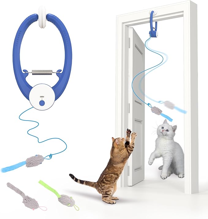 Interactive Cat Toys Rechargeable, Feather Toy for Indoor Cat, Hanging Retractable Teaser Toy, Automatic Kitten Play Chase Exercise Toys with Three Plush Mouse, USB Powered (Blue)