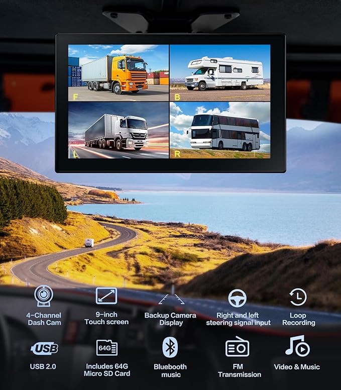 4 Channel 1080p Backup Camera Dash Cam for RV/Truck/Trailer/Van/SUV/Cars,10.2 Inch Touch Screen Quad Split Parking Monitor with DVR Recording/Playback/Bluetooth/FM Radio/Music/Video Player