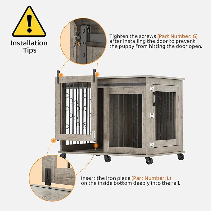 IchbinGo Large Dog Crate Furniture, 47" Wooden Dog Kennel with Sliding Barn Door, Flip-Top Lid & Wheels, Indoor Pet Crate Table with Detachable Divider for Small/Medium/Large Dogs (Rustic Grey)