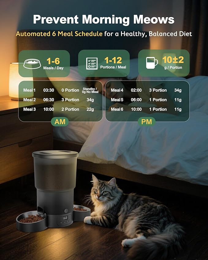 Gimars 5L Automatic Cat Feeder for 2 Cats, Programmable 1-6 Meals Cat Food Dispenser with Stainless Steel Bowl, Easy Setup, Dual Power Supply,10s Meal Call Timed Pet Feeder for Cats and Small Dogs