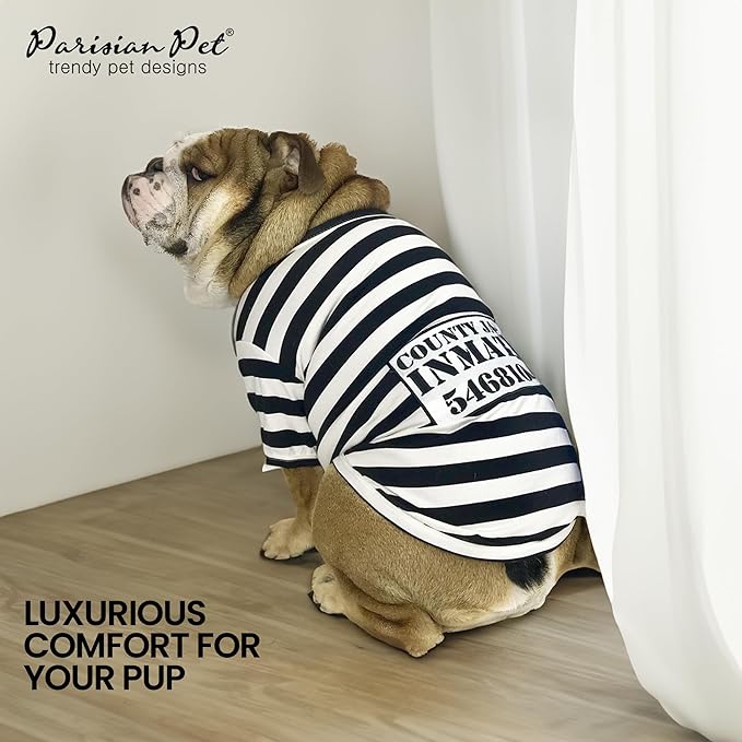 Parisian Pet Dog Shirt - Prisoner Dog Costume - 100% Cotton Black and White Stripes - Lightweight Polyester - Sleeved - 3XL