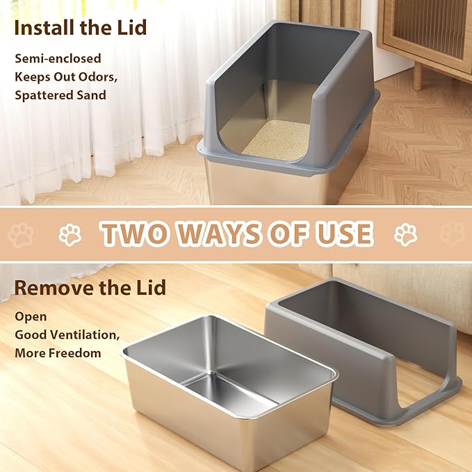 Large Stainless Steel Litter Box with Lid, High Sides, 16" Metal Cat Litter Box, Extra Large Litter Boxes for Big Cats, Tall Cat Litter Pan, Grey, Easy Clean