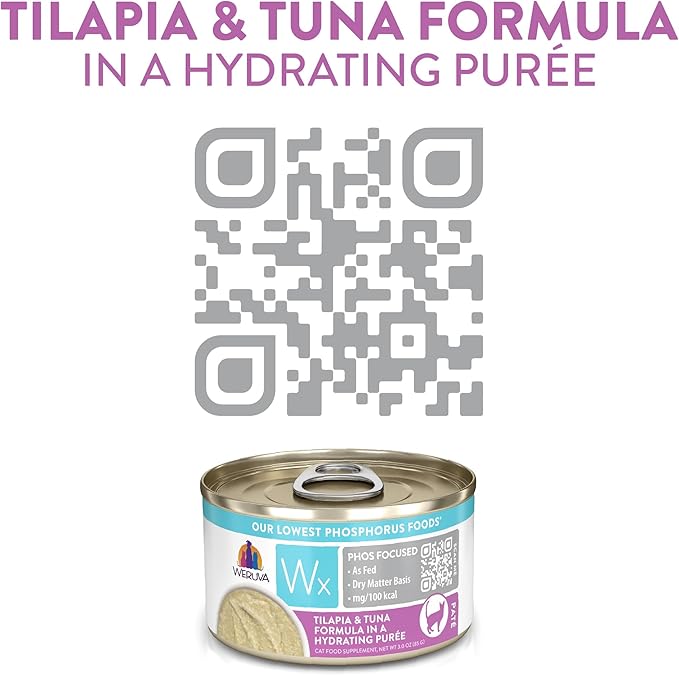 Weruva Wx Phos Focused, Tilapia & Tuna Formula in a Hydrating purée, 3oz Can (Pack of 12)