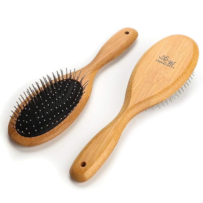 ClumsyPets Dog & Cat Ball Pin Slicker Grooming Brush with Bamboo Handle for Pets Massage Bath and Removes Mats Loose Fur Hairs