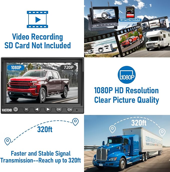 7 Inch RV Backup Camera Wireless, HD 1080P DVR Backup Camera High-Speed Rear View Observation System Stable Signals for RVs, Trucks, Trailers, IP69 Waterproof IR Night Vision