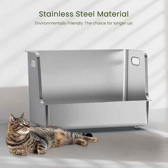 One-Piece Stainless Steel Litter Box, 14.5" High-Side XL Metal Cat Litter Box, Extra Wide Entry Pet Toilet, Cat Litter Station with Wheels, Easy to Move, Non-Stick, No Odor, for Big or Multiple Cats